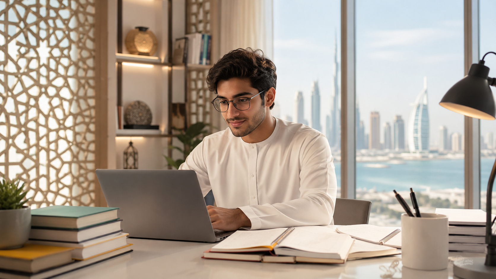 Student working in a premium Dubai-inspired academic setting