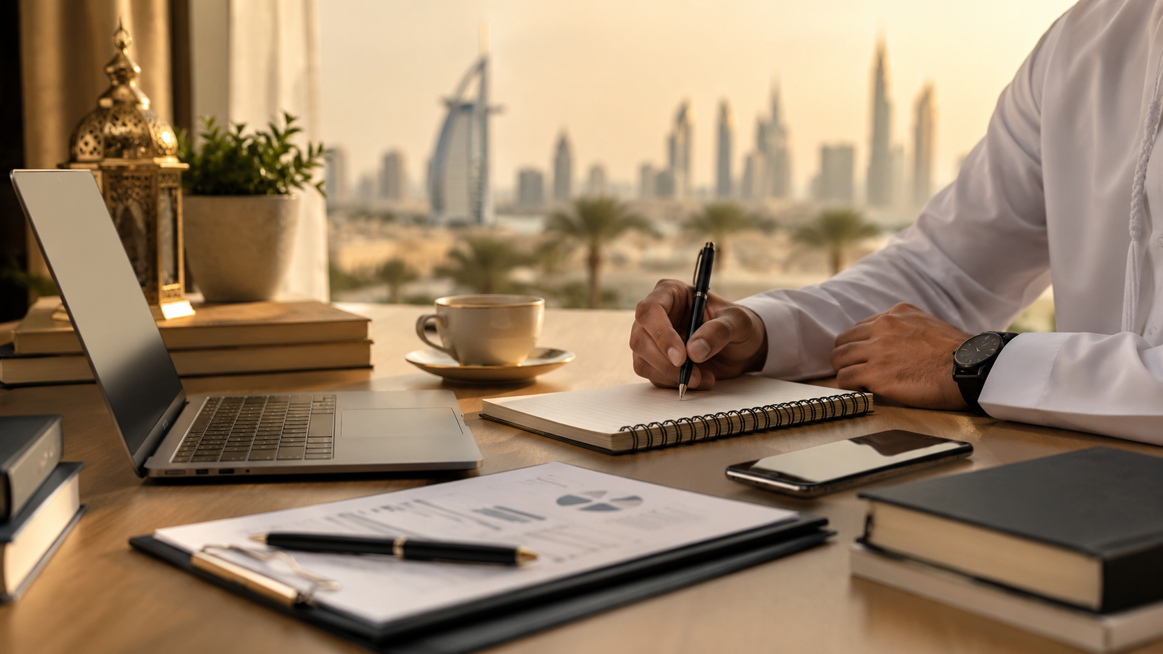 Warm Dubai-inspired study workspace