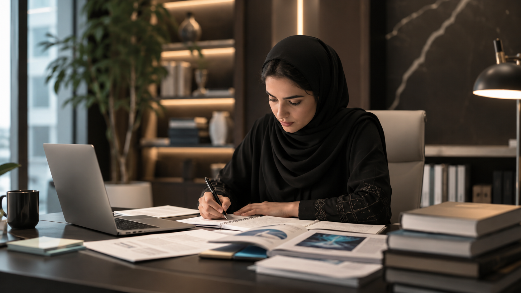 Focused academic writer at a desk